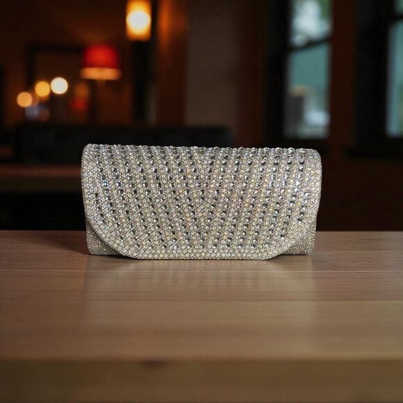Sparkly Rhinestone Clutch Purse Evening Bag – Silver Glitter Formal Wedding NYE - Picture 2 of 6